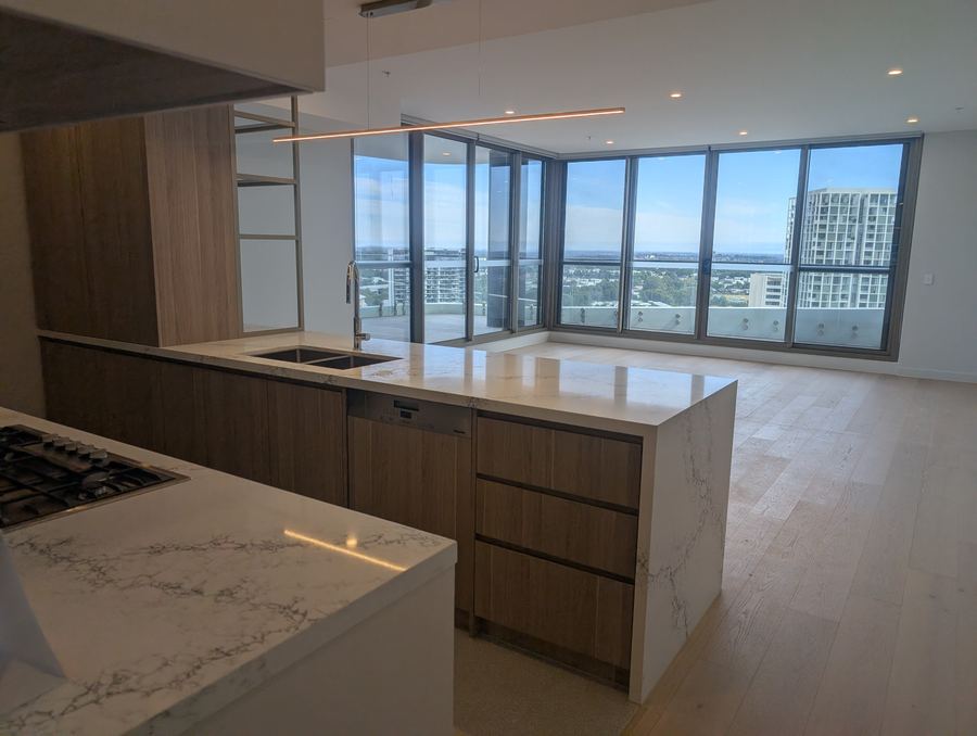 Apartment kitchen with island sink